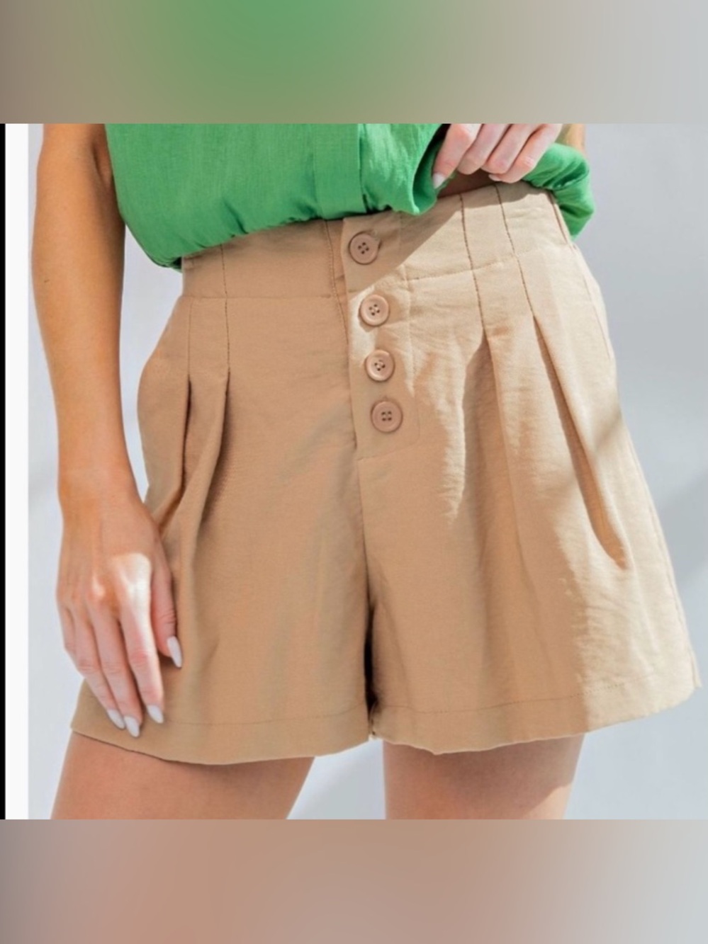 #1197 High-Waist Button-Front Pleated Tan Shorts